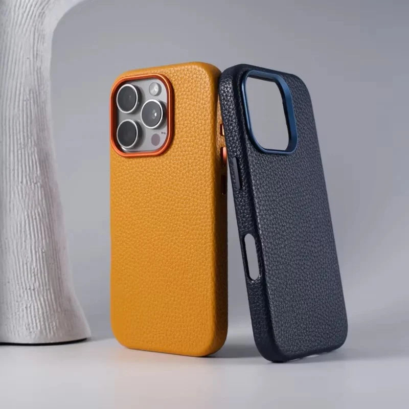 Luxury iPhone Case MagSafe Compatible Leather Cover — Magnetic Wireless Charging, Alloy Lens Protection, Hard Back Design, Anti-Fingerprint Scratch-Resistant