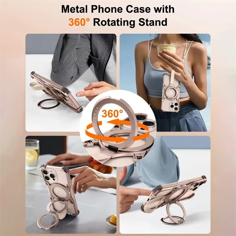 Metal phone case with 360-degree rotating stand in use by different people.