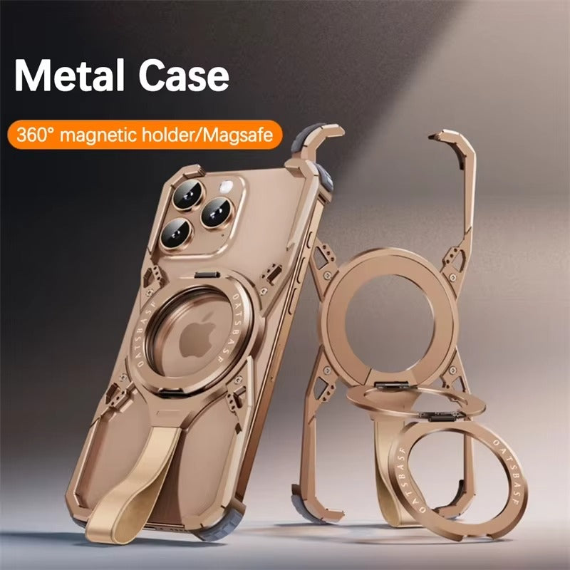 Metal phone case with 360° magnetic holder and Magsafe feature on a gradient background