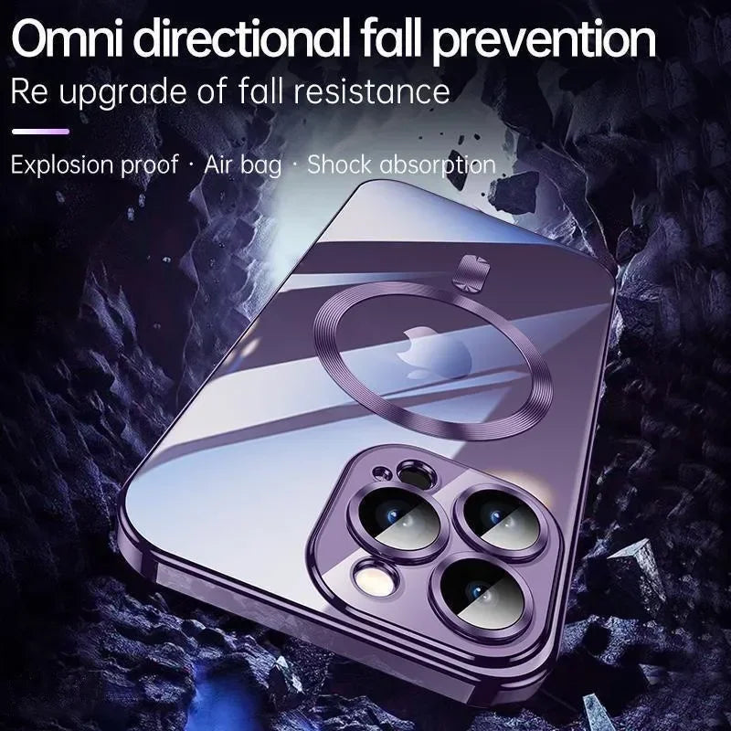 Luxury iPhone Case MagSafe Compatible Plating Clear Cover — Magnetic Wireless Charging Support, Lens Protector, Anti-Fingerprint Scratch-Resistant Design