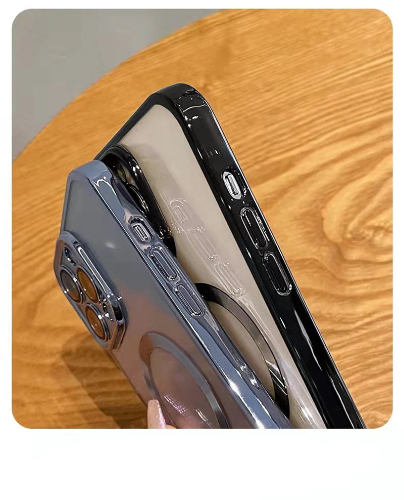 Luxury iPhone Case MagSafe Compatible Plating Clear Cover — Magnetic Wireless Charging Support, Lens Protector, Anti-Fingerprint Scratch-Resistant Design