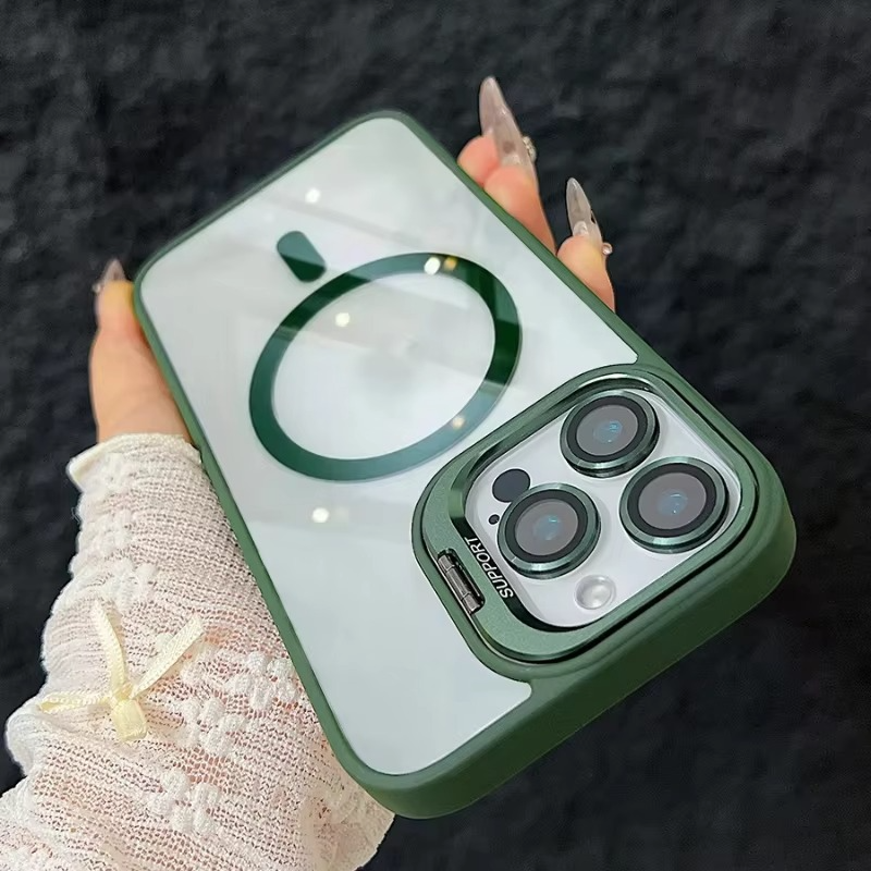 Luxury iPhone Case MagSafe Compatible Shockproof Cover — Magnetic Design with Stand, Glass Camera Lens Protector, Full Coverage Slim Scratch-Resistant Protection