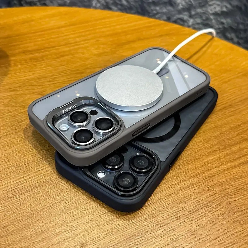 Luxury iPhone Case MagSafe Compatible Shockproof Cover — Magnetic Design with Stand, Glass Camera Lens Protector, Full Coverage Slim Scratch-Resistant Protection