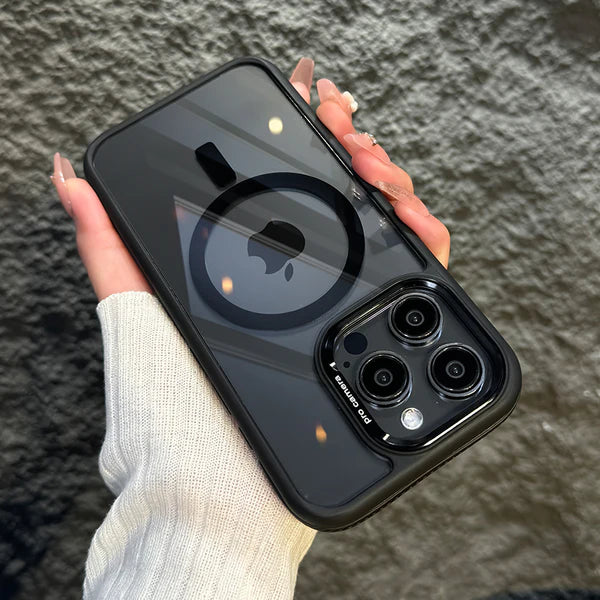 Luxury iPhone Case MagSafe Compatible Shockproof Cover — Magnetic Design with Stand, Glass Camera Lens Protector, Slim Transparent Anti-Fingerprint Finish