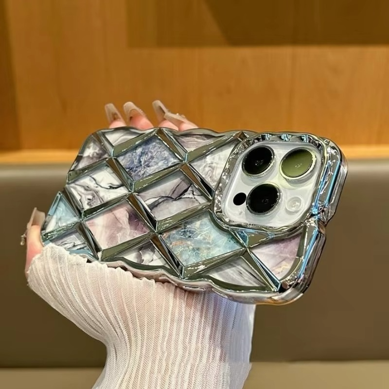 Luxury iPhone Case Plating Rhombic Marble Design — Fashion Full Body Protective Cover, Stylish Slim Shockproof Scratch-Resistant Finish