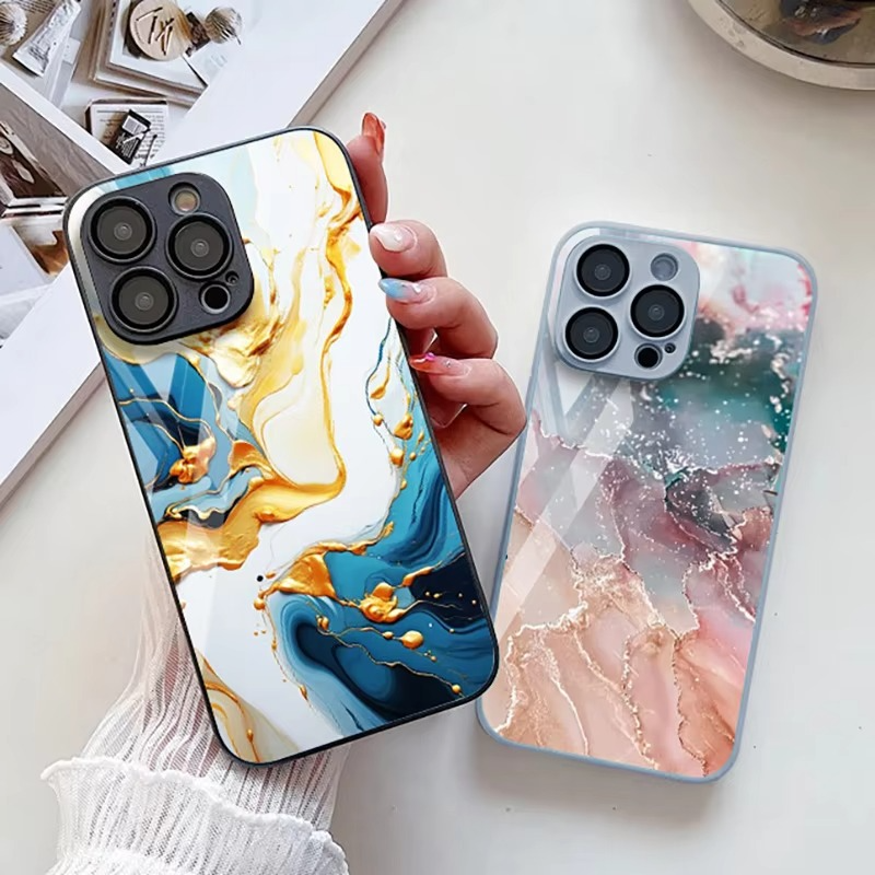Luxury iPhone Case Shockproof Marble Pattern — Tempered Glass Cover, Anti-Scratch, Dustproof, Lightweight, Geometric & Pictorial Design