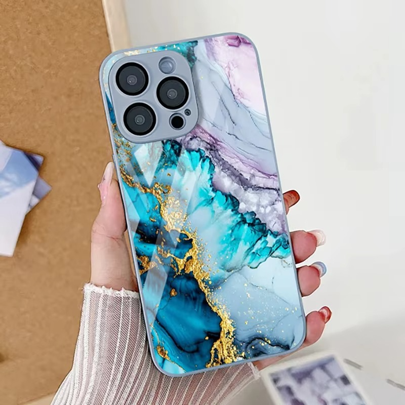 Luxury iPhone Case Shockproof Marble Pattern — Tempered Glass Cover, Anti-Scratch, Dustproof, Lightweight, Geometric & Pictorial Design