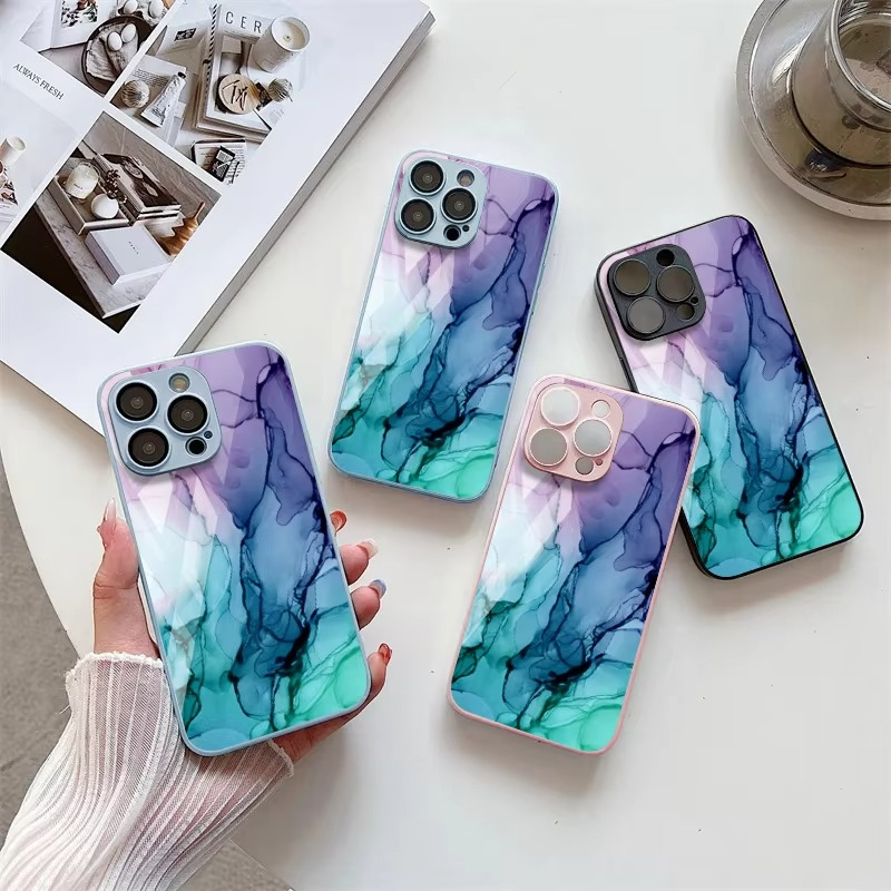 Luxury iPhone Case Shockproof Marble Pattern — Tempered Glass Cover, Anti-Scratch, Dustproof, Lightweight, Geometric & Pictorial Design