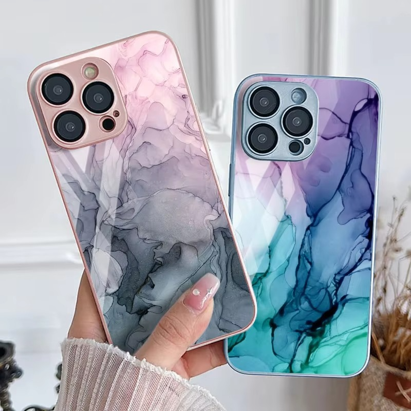 Luxury iPhone Case Shockproof Marble Pattern — Tempered Glass Cover, Anti-Scratch, Dustproof, Lightweight, Geometric & Pictorial Design
