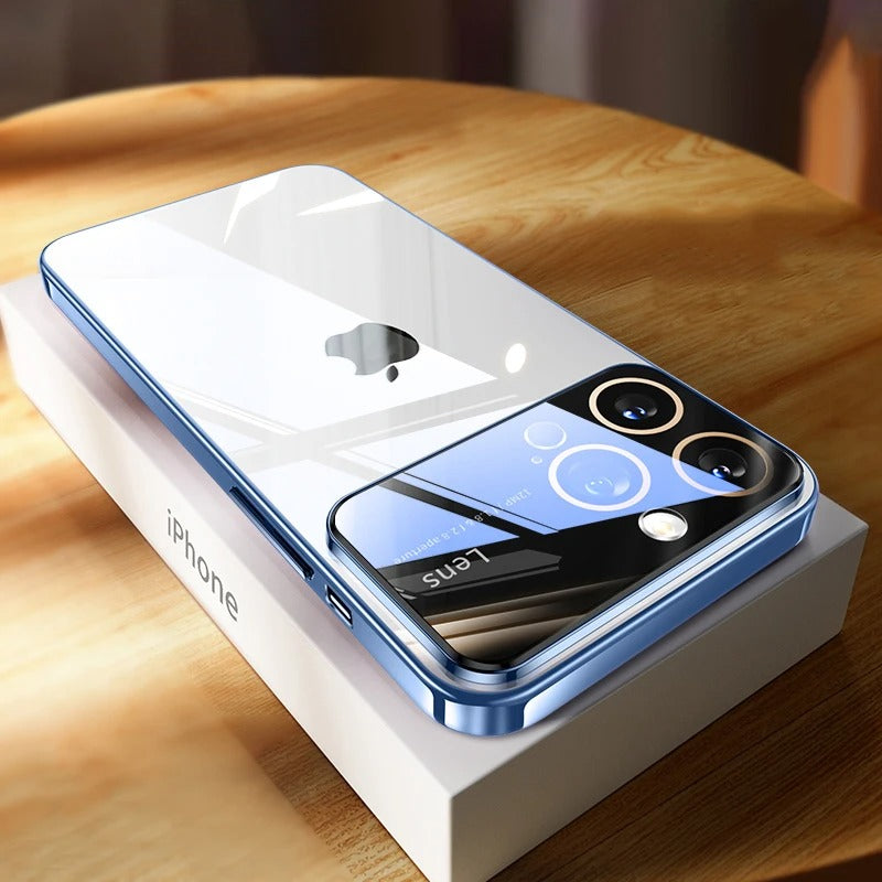 Luxury iPhone Case Tempered Glass Camera Protection — Transparent Acrylic Hard Cover, Plated Edges, Slim Shockproof Design, Scratch-Resistant Clear Finish