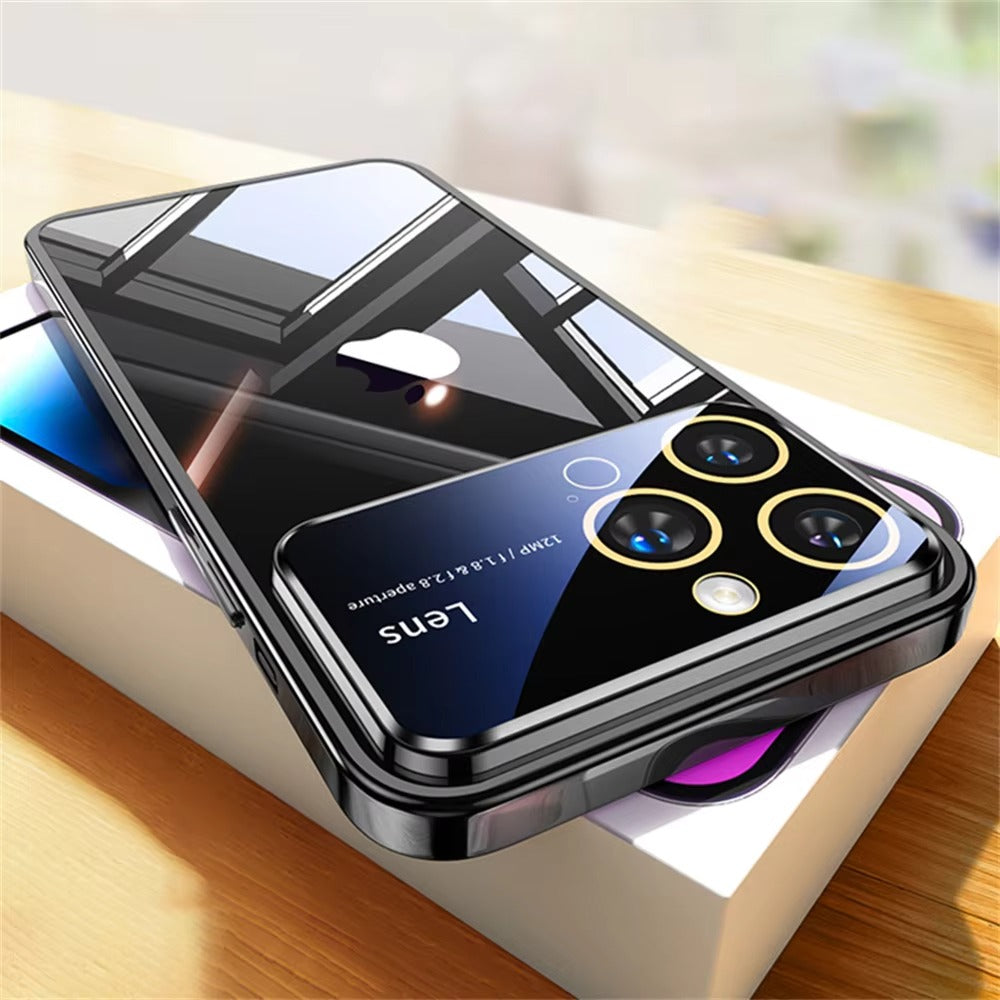 Luxury iPhone Case Tempered Glass Camera Protection — Transparent Acrylic Hard Cover, Plated Edges, Slim Shockproof Design, Scratch-Resistant Clear Finish