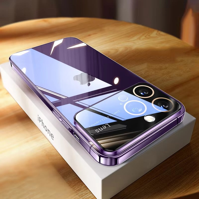Luxury iPhone Case Tempered Glass Camera Protection — Transparent Acrylic Hard Cover, Plated Edges, Slim Shockproof Design, Scratch-Resistant Clear Finish