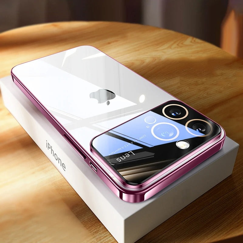 Luxury iPhone Case Tempered Glass Camera Protection — Transparent Acrylic Hard Cover, Plated Edges, Slim Shockproof Design, Scratch-Resistant Clear Finish