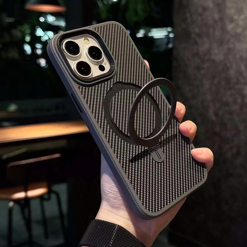 Luxury iPhone Case Titanium Gold Carbon Fiber Cover — MagSafe Compatible Magnetic Charging, Shockproof Hard Back with Ring Kickstand Holder, Anti-Fingerprint Design