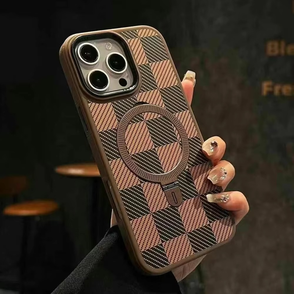 Luxury iPhone Case Titanium Gold Carbon Fiber Cover — MagSafe Compatible Magnetic Charging, Shockproof Hard Back with Ring Kickstand Holder, Anti-Fingerprint Design