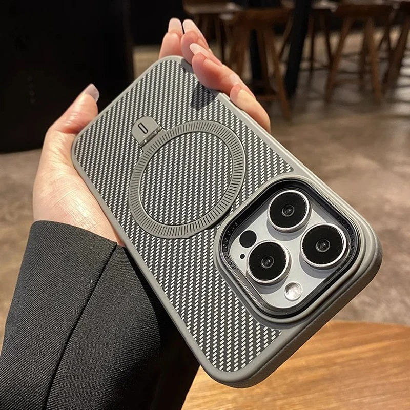 Luxury iPhone Case Titanium Gold Carbon Fiber Cover — MagSafe Compatible Magnetic Charging, Shockproof Hard Back with Ring Kickstand Holder, Anti-Fingerprint Design