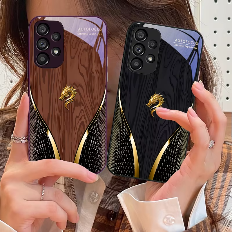 Luxury iPhone Case Wood Grain Dragon Rose Design — Tempered Glass Back Cover, Shockproof PC+TPU Frame, Scratch-Resistant Anti-Fingerprint Protection