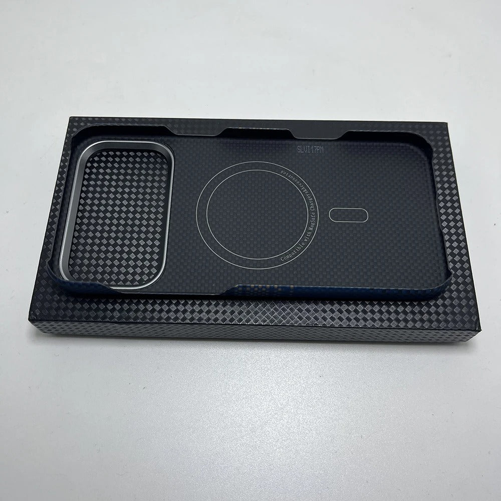 Luxury iPhone Case — Aramid Carbon Fiber MagSafe Cover with Ultra-Lightweight Half-Wrapped Protection and Durable Scratch-Resistant Texture