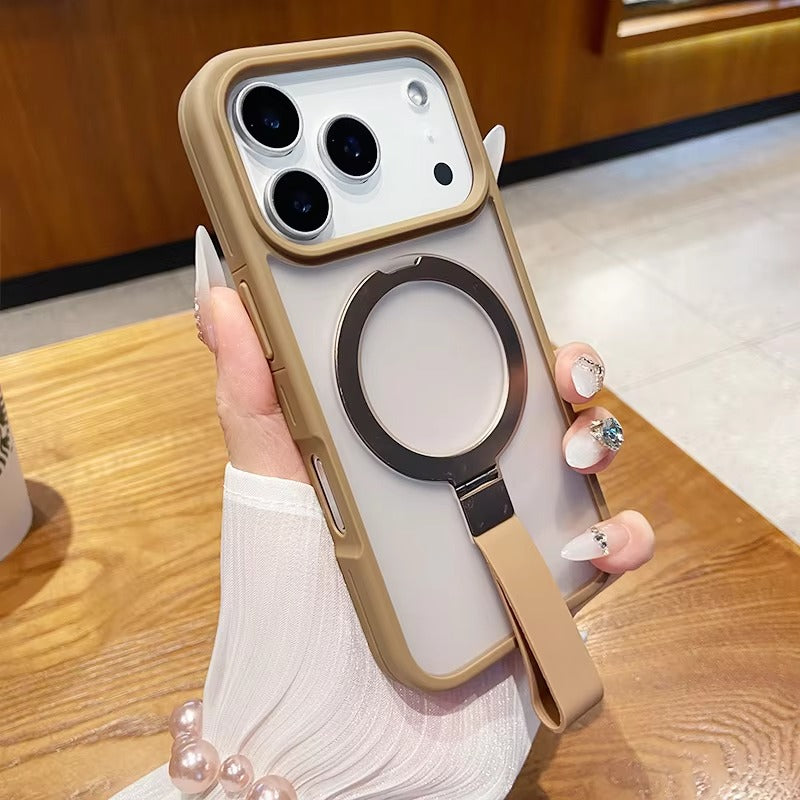 Luxury iPhone Case — Matte Transparent MagSafe Cover with Wrist Strap Holder, Shockproof TPU+PC Protection and Anti-Fingerprint Scratch-Resistant Design