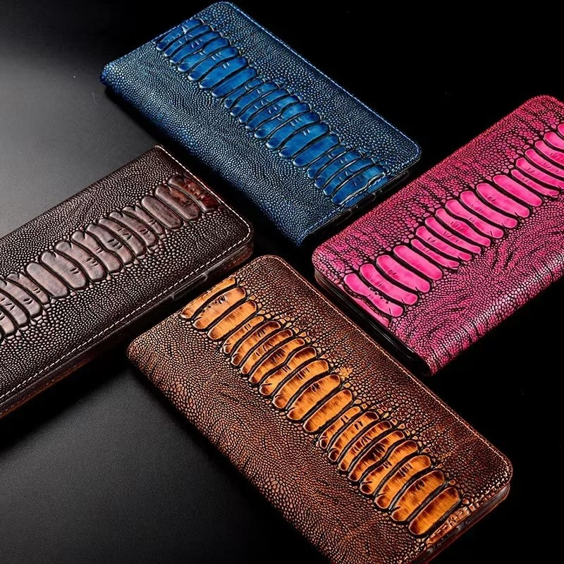 Luxury iPhone Case — Ostrich Foot Genuine Leather Cover, Magnetic Wallet with Card Pocket, Kickstand Function, Water-Resistant Design