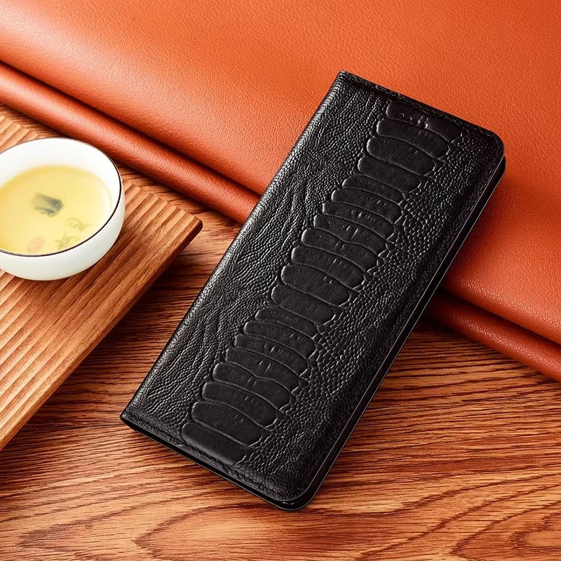 Luxury iPhone Case — Ostrich Foot Genuine Leather Cover, Magnetic Wallet with Card Pocket, Kickstand Function, Water-Resistant Design