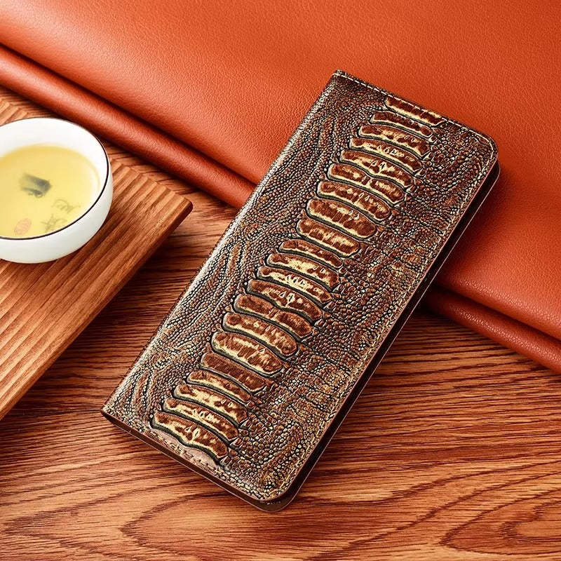 Luxury iPhone Case — Ostrich Foot Genuine Leather Cover, Magnetic Wallet with Card Pocket, Kickstand Function, Water-Resistant Design