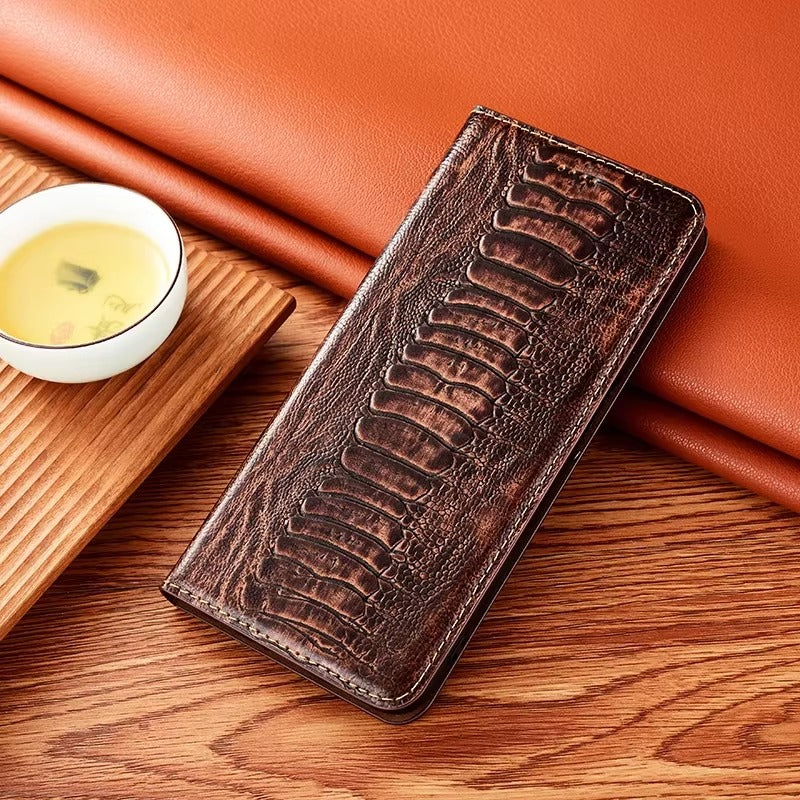 Luxury iPhone Case — Ostrich Foot Genuine Leather Cover, Magnetic Wallet with Card Pocket, Kickstand Function, Water-Resistant Design