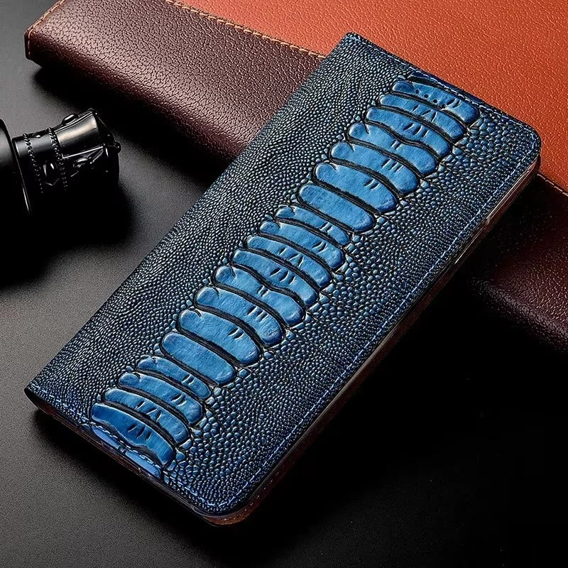 Luxury iPhone Case — Ostrich Foot Genuine Leather Cover, Magnetic Wallet with Card Pocket, Kickstand Function, Water-Resistant Design