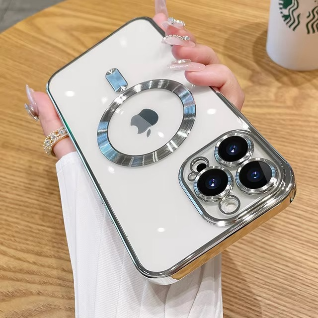 Luxury iPhone Clear Plating Magnetic Case — MagSafe Wireless Charging Compatible Cover with Lens Protection, Slim Transparent Shockproof Anti-Fingerprint Design