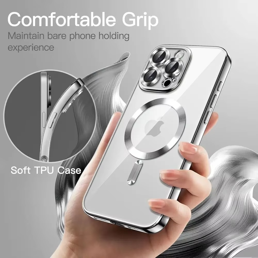 Luxury iPhone Clear Plating Magnetic Case — MagSafe Wireless Charging Compatible Cover with Lens Protection, Slim Transparent Shockproof Anti-Fingerprint Design