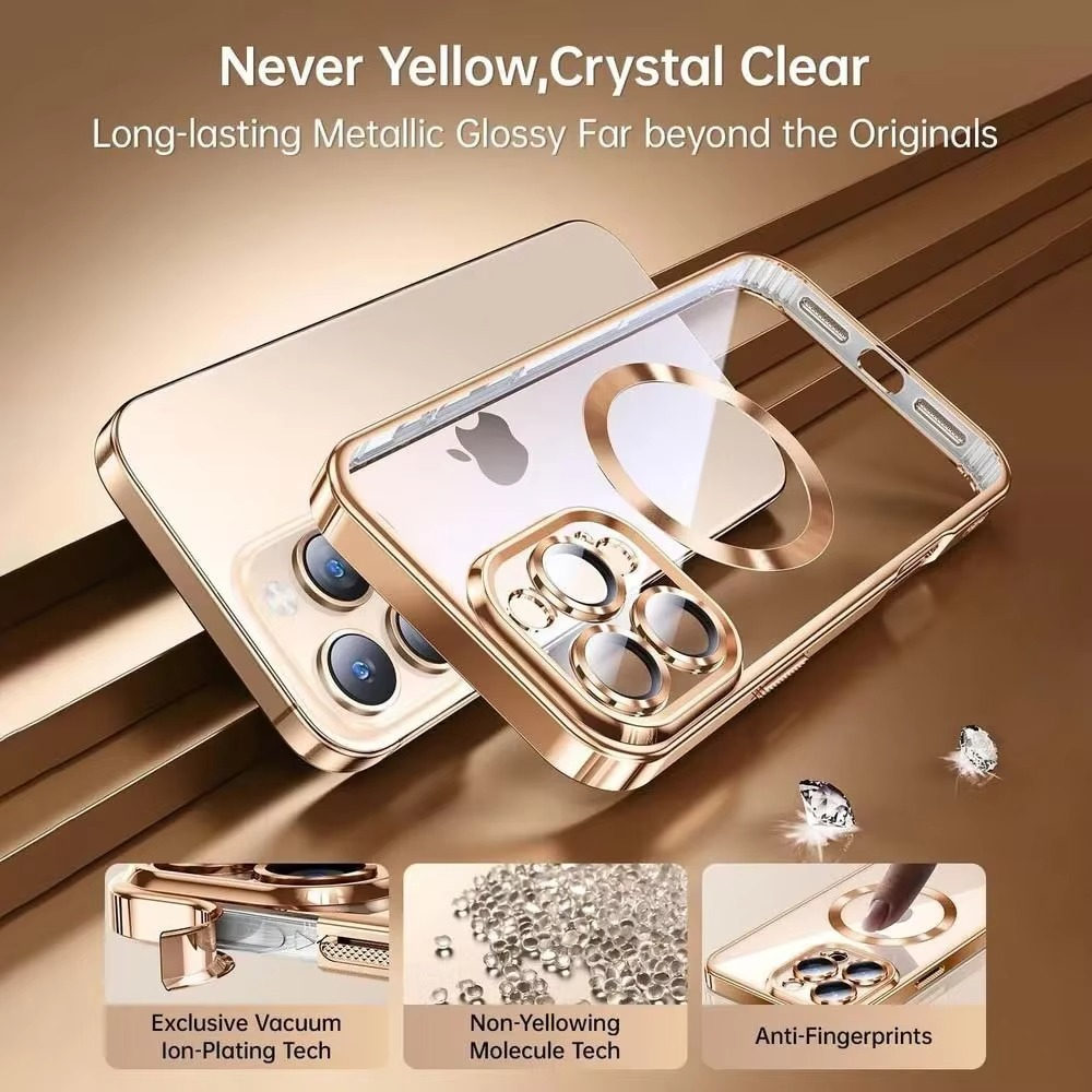 Luxury iPhone Clear Plating Magnetic Case — MagSafe Wireless Charging Compatible Cover with Lens Protection, Slim Transparent Shockproof Anti-Fingerprint Design