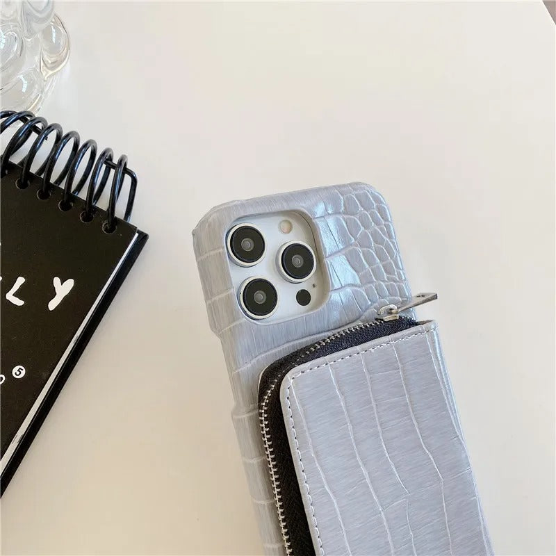 Luxury iPhone Crossbody Wallet Case Crocodile Texture — PU Leather Zipper Cover with Card Holder, Adjustable Strap, Shockproof Anti-Fingerprint Protection