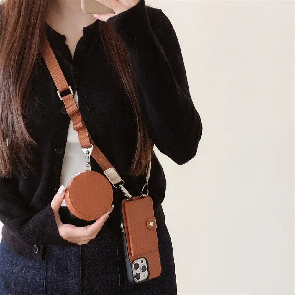 Luxury iPhone Crossbody Wallet Case with Card Slots — PU Leather Cover, Zipper Coin Purse, Long Lanyard Strap, Shockproof Drop Protection, Full Access Design