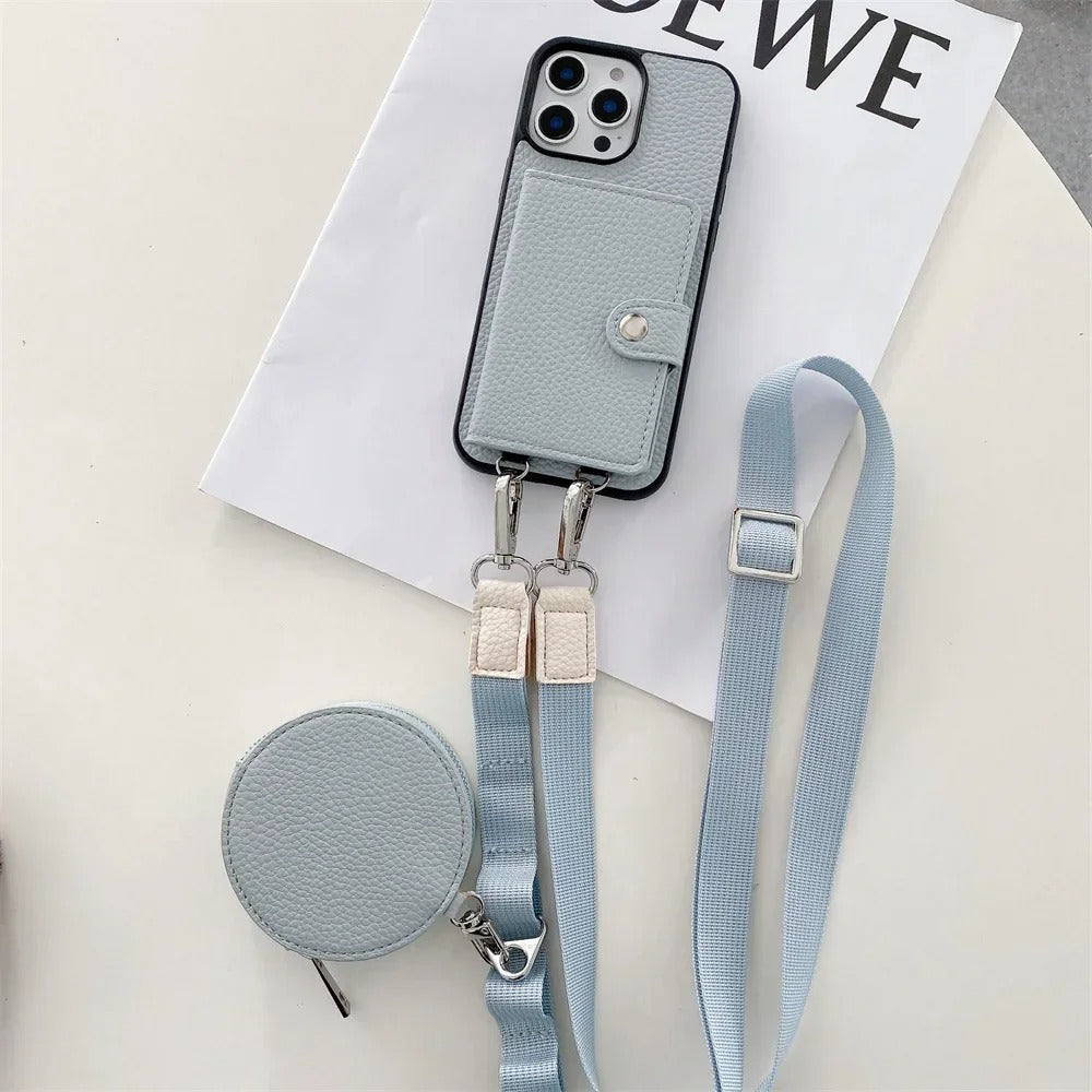 Luxury iPhone Crossbody Wallet Case with Card Slots — PU Leather Cover, Zipper Coin Purse, Long Lanyard Strap, Shockproof Drop Protection, Full Access Design