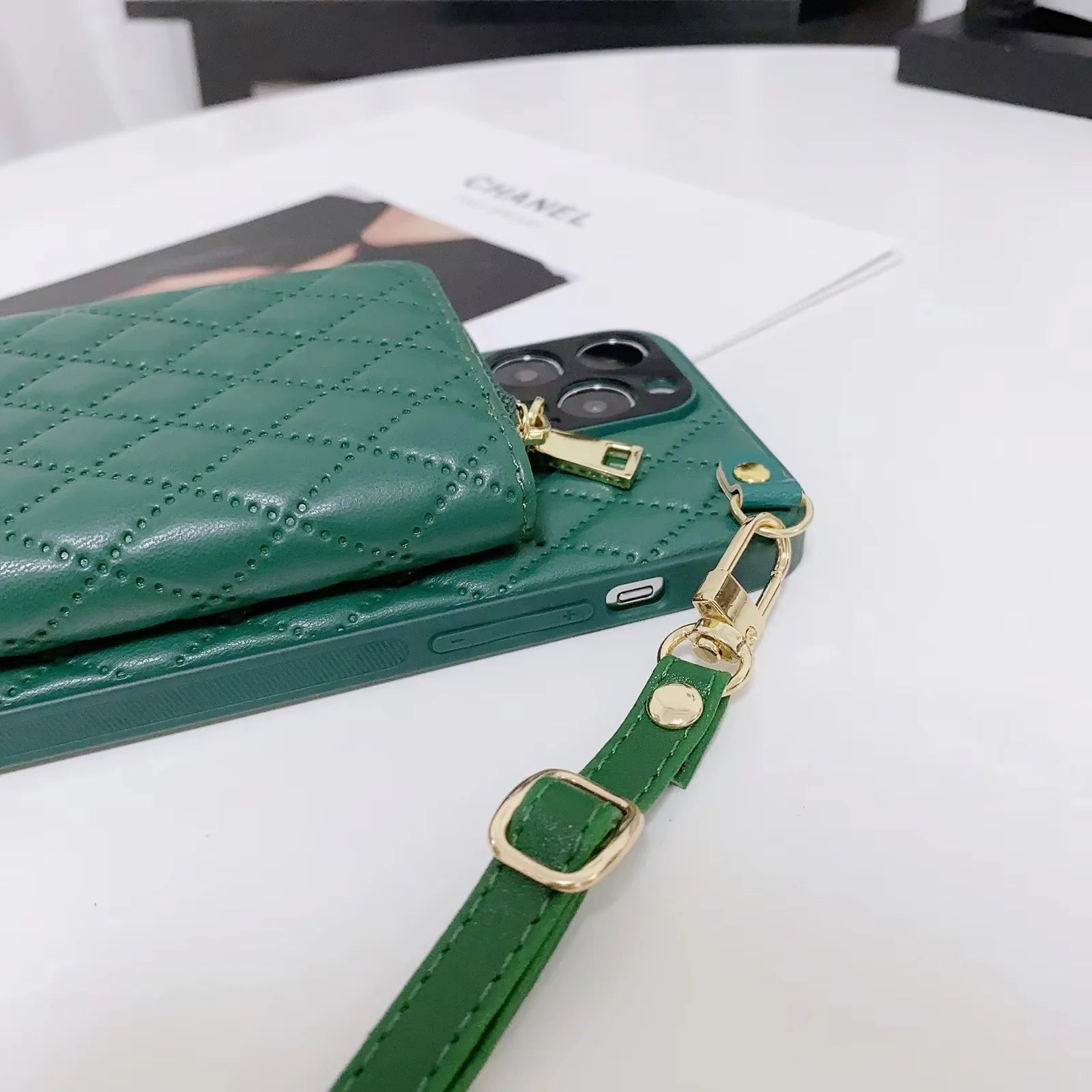 Luxury iPhone Crossbody Wallet Case with Card Slots — PU Leather Cover, Zipper Purse Design, Lanyard Strap, Kickstand Function, Dual Layer Full Protection