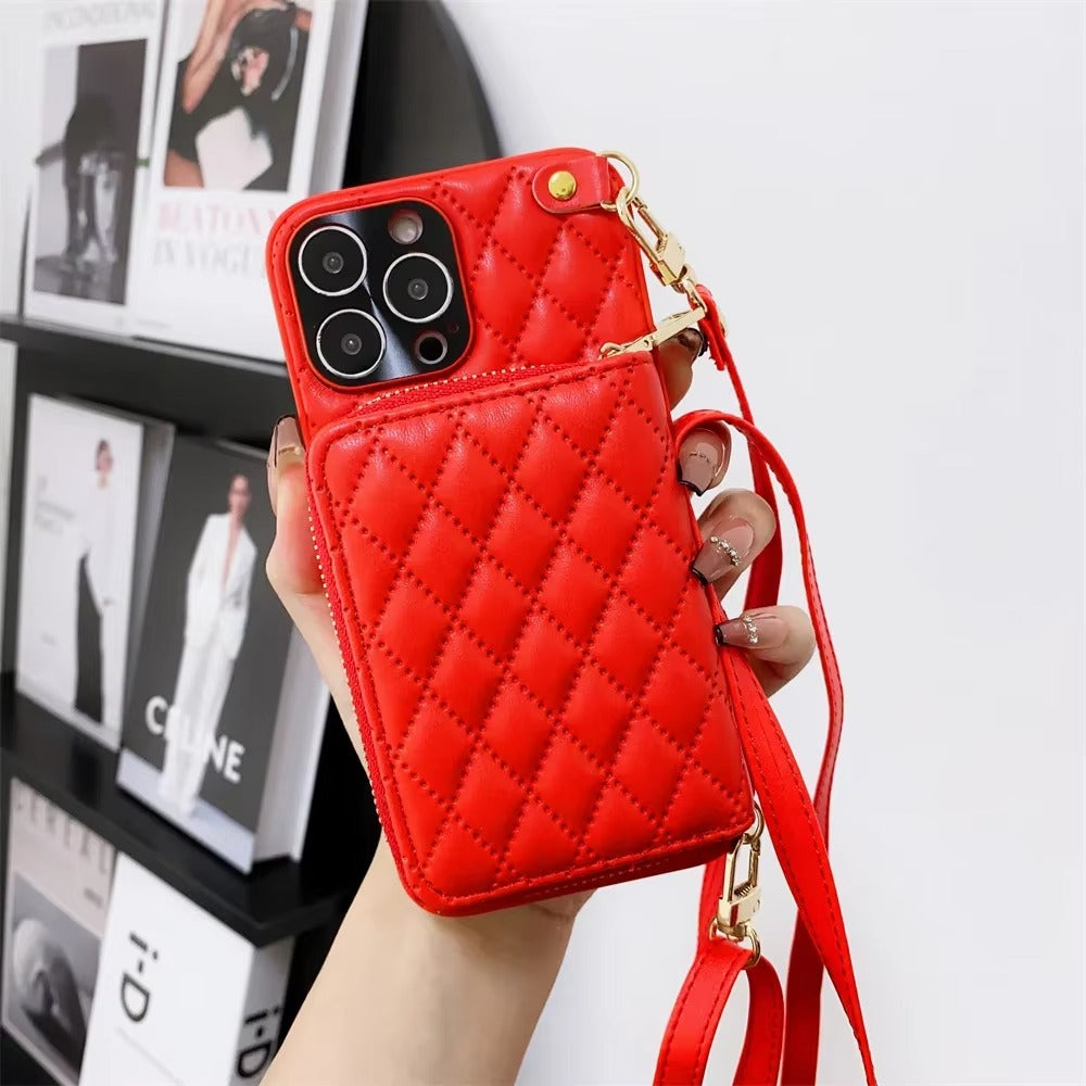 Luxury iPhone Crossbody Wallet Case with Card Slots — PU Leather Cover, Zipper Purse Design, Lanyard Strap, Kickstand Function, Dual Layer Full Protection