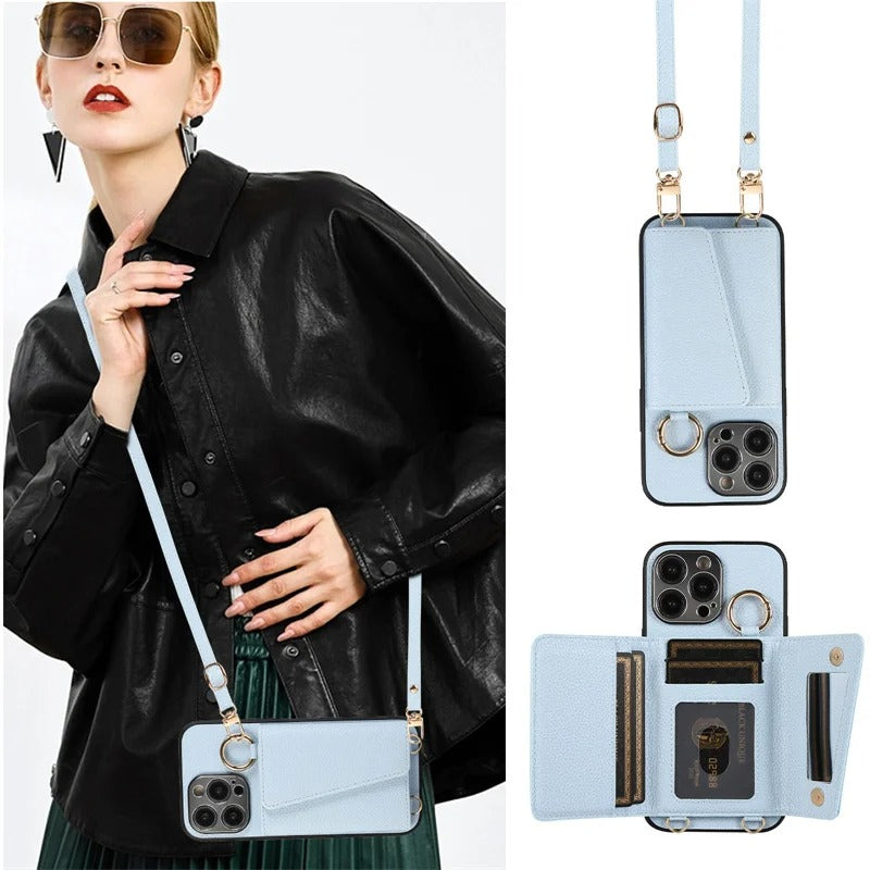 Luxury iPhone Crossbody Wallet Case with Makeup Mirror — Leather Cover, Card Pocket, Ring Holder Stand, Lanyard Strap, Shockproof Anti-Fingerprint Protection