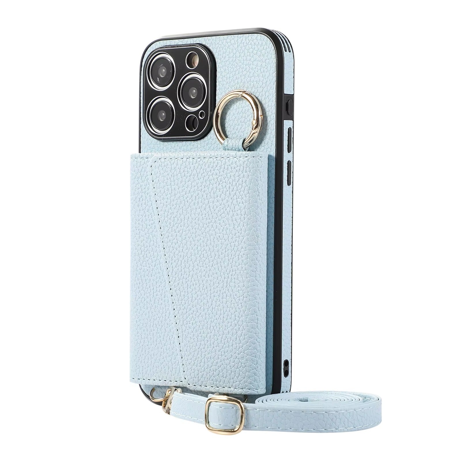 Luxury iPhone Crossbody Wallet Case with Makeup Mirror — Leather Cover, Card Pocket, Ring Holder Stand, Lanyard Strap, Shockproof Anti-Fingerprint Protection