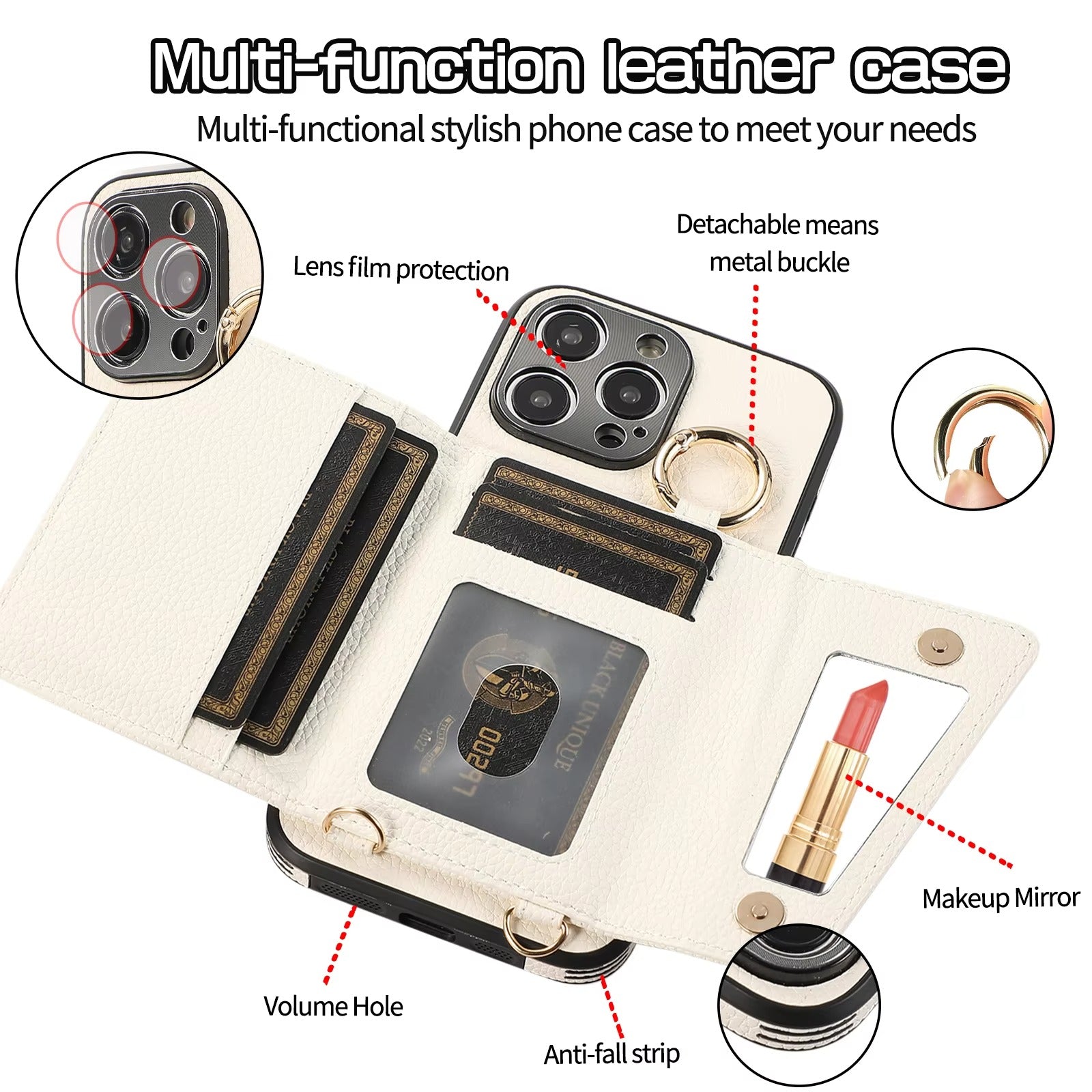 Luxury iPhone Crossbody Wallet Case with Makeup Mirror — Leather Cover, Card Pocket, Ring Holder Stand, Lanyard Strap, Shockproof Anti-Fingerprint Protection