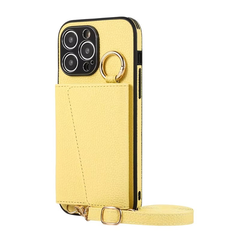 Luxury iPhone Crossbody Wallet Case with Makeup Mirror — Leather Cover, Card Pocket, Ring Holder Stand, Lanyard Strap, Shockproof Anti-Fingerprint Protection