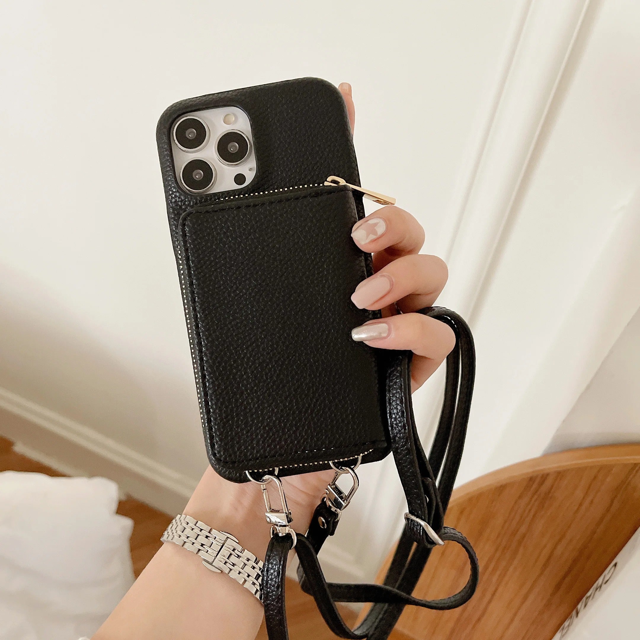 Luxury iPhone Crossbody Wallet Case with Zipper — PU Leather Cover, Card Slots, Adjustable Strap, Shockproof Full Body Protection, Anti-Fingerprint Finish