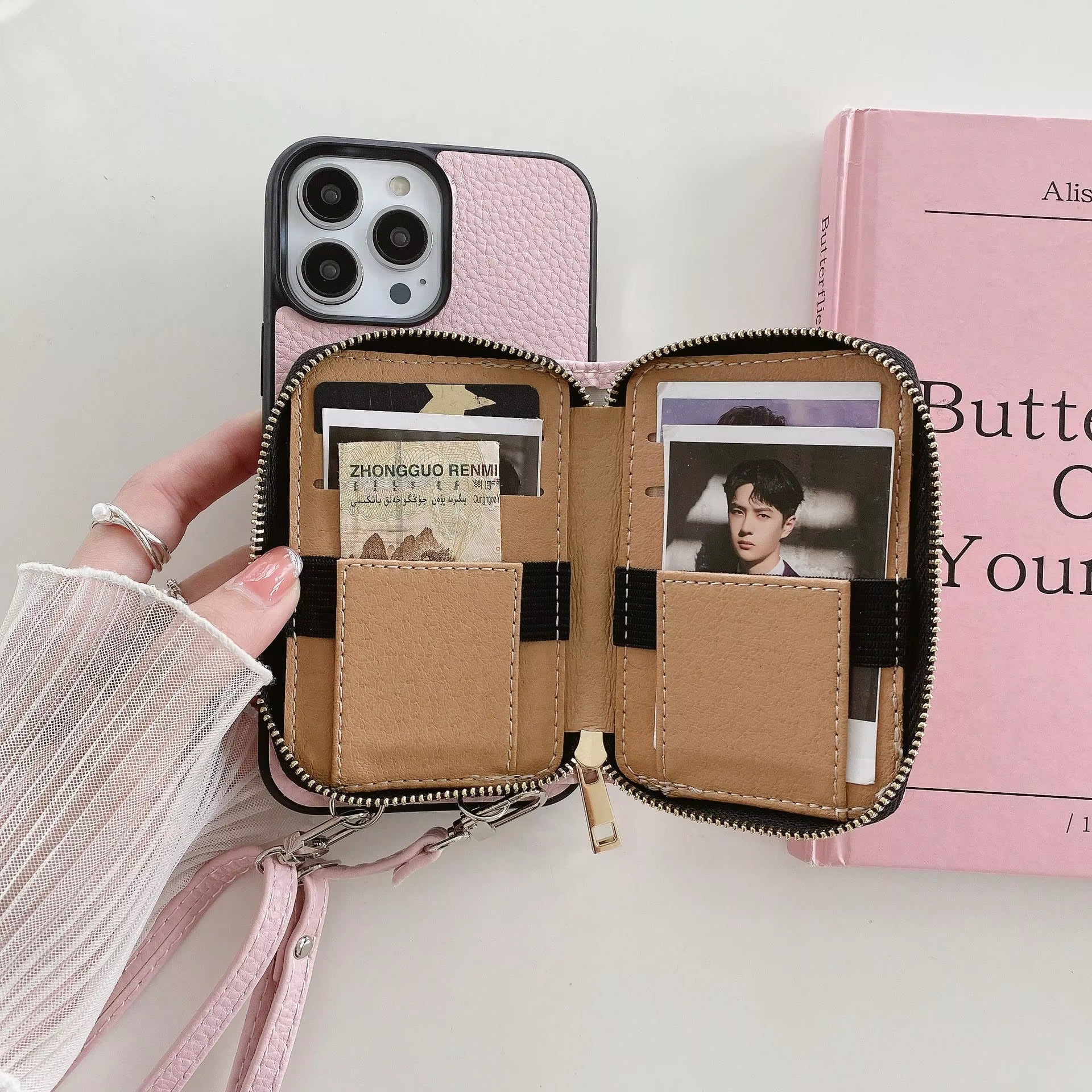 Luxury iPhone Crossbody Wallet Case with Zipper — PU Leather Cover, Card Slots, Adjustable Strap, Shockproof Full Body Protection, Anti-Fingerprint Finish