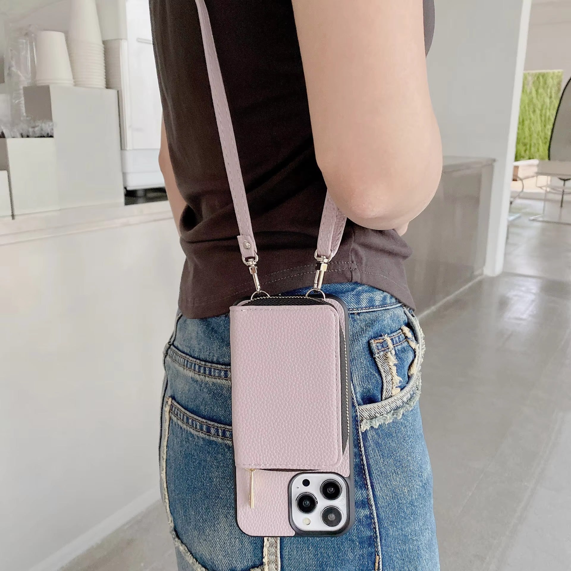 Luxury iPhone Crossbody Wallet Case with Zipper — PU Leather Cover, Card Slots, Adjustable Strap, Shockproof Full Body Protection, Anti-Fingerprint Finish
