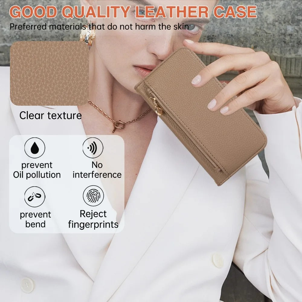 Luxury iPhone Crossbody Zipper Wallet Case — PU Leather Cover with Card Holder, Adjustable Strap, Shockproof Drop Protection, Anti-Fingerprint Scratch-Resistant Design