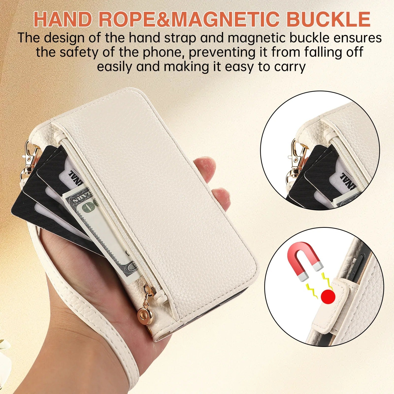 Luxury iPhone Crossbody Zipper Wallet Case — PU Leather Cover with Card Holder, Adjustable Strap, Shockproof Drop Protection, Anti-Fingerprint Scratch-Resistant Design