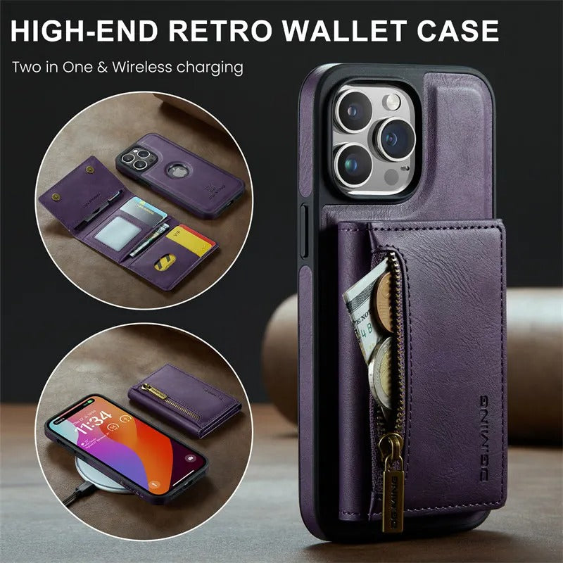 Luxury iPhone DG.Ming Magnetic Flip Leather Wallet Case — Zipper Card Holder Back Cover, Dual Layer Shockproof Design, Wireless Charging Compatible