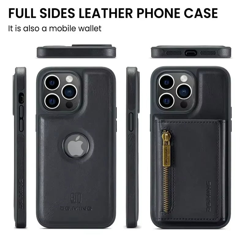Luxury iPhone DG.Ming Magnetic Flip Leather Wallet Case — Zipper Card Holder Back Cover, Dual Layer Shockproof Design, Wireless Charging Compatible