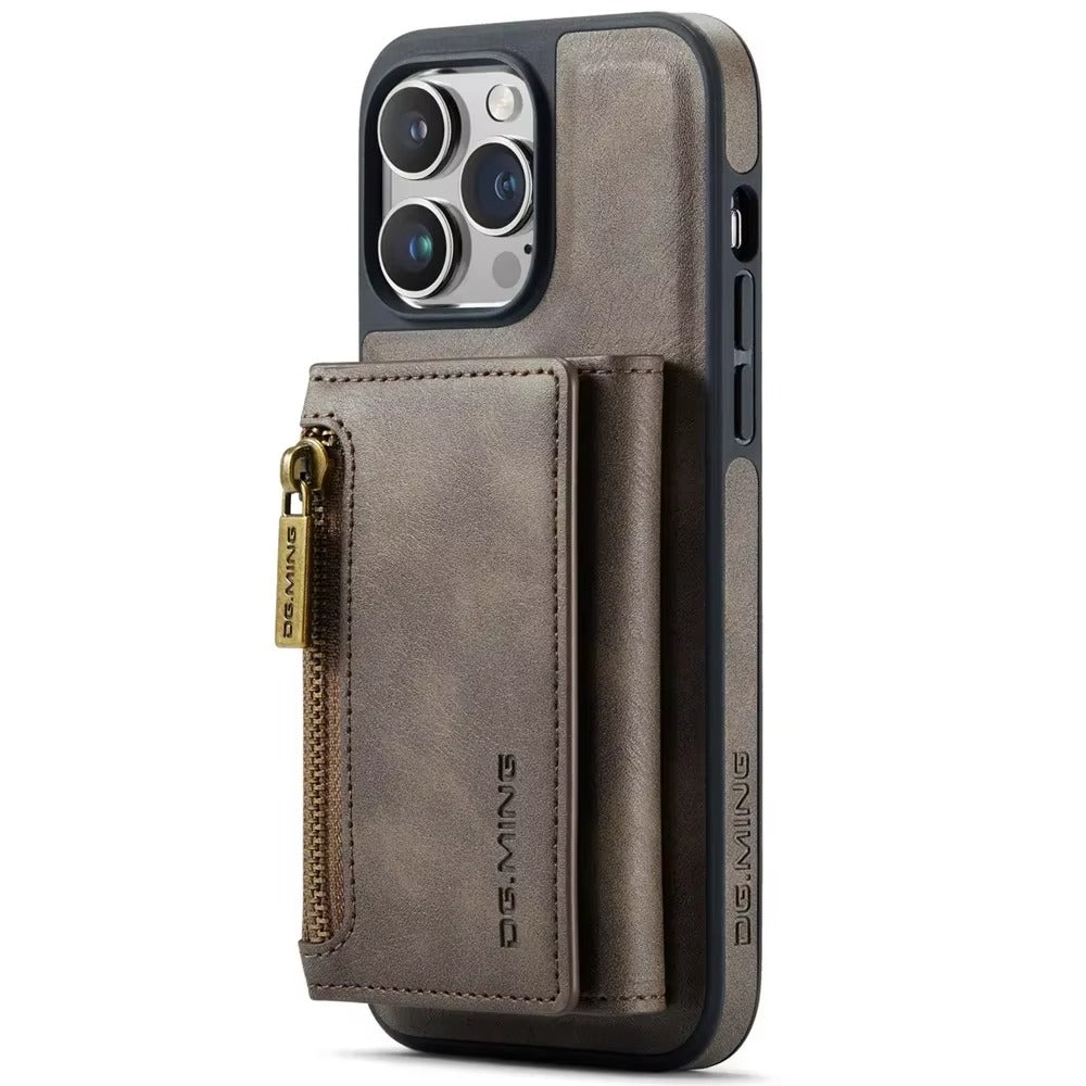 Luxury iPhone DG.Ming Magnetic Flip Leather Wallet Case — Zipper Card Holder Back Cover, Dual Layer Shockproof Design, Wireless Charging Compatible