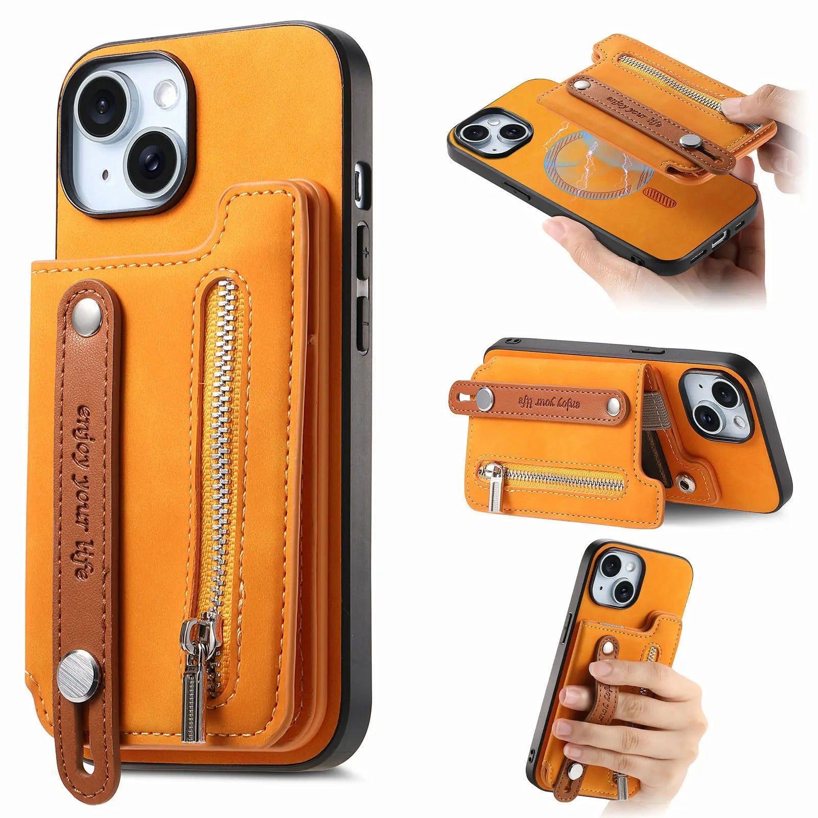 Luxury iPhone Detachable Zipper Wallet Case — Magnetic Flip Leather Cover with Card Slots, Wrist Strap, Kickstand Function, Full Body Shockproof Protectionc