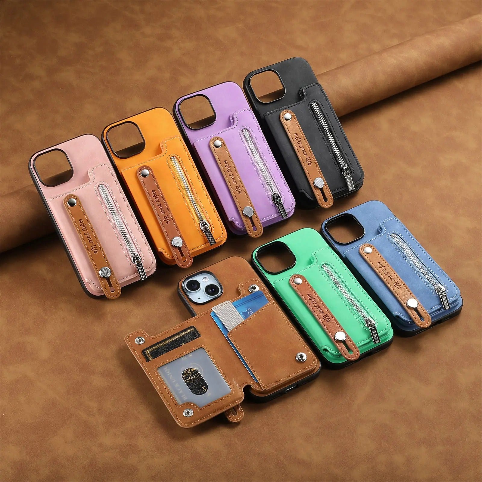 Luxury iPhone Detachable Zipper Wallet Case — Magnetic Flip Leather Cover with Card Slots, Wrist Strap, Kickstand Function, Full Body Shockproof Protection